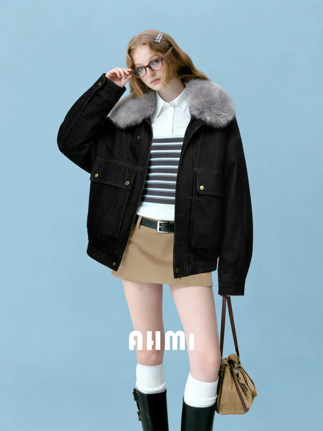 

Женская джинсовая куртка AHMI в стиле ретро с меховым воротником и пэчворком, оригинальный цвет, осенне-зимняя, свободного кроя, модная верхняя одежда