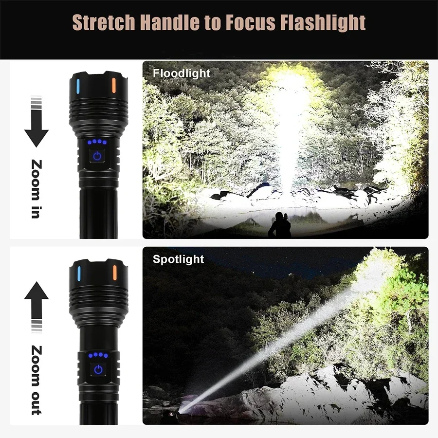 Picture 5: Super Bright LED Flashlight USB Rechargeable Zoomable Spotlight Tactical Torch Outdoor Camping and Fishing Powerful Flashlight