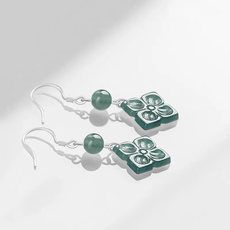 Genuine Natural Burmese Blue Emerald Clover Earring Hand-carved Fashion Charm Jewelry Accessories Luxury Amulet Gifts for Women