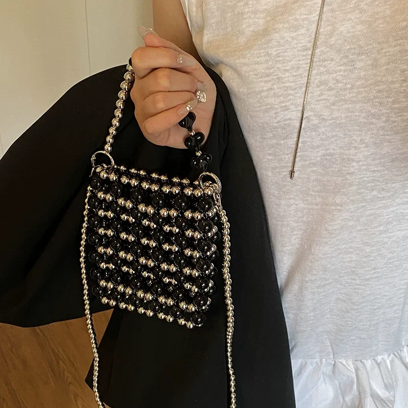 Handmade Pearl Mini Crossbody Bags for Women Vintage Hollow Out Bead Woven Purse for Party Evening Exquisite Mini Shoulder Bag