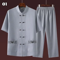 Chinese Tang Clothing Kung Fu Suit Men's Casual Summer Short Sleeved T-shirt Pants  Set Wing Chun Tai Chi Elderly Dad's Costume