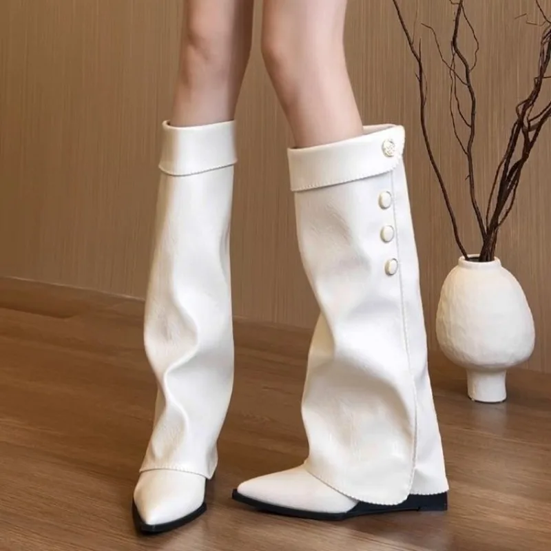 Fashion Shoes for Women Fashionable Pleated High Heel Boots Autumn New Large Size British Style High Tube Pants Boots Women