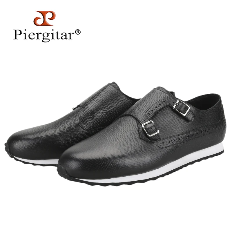Piergitar Lizard Embossed Leather Monk Loafers Silver Color Metal Buckles Men's Sneakers Black And White Patchwork Rubber Sole