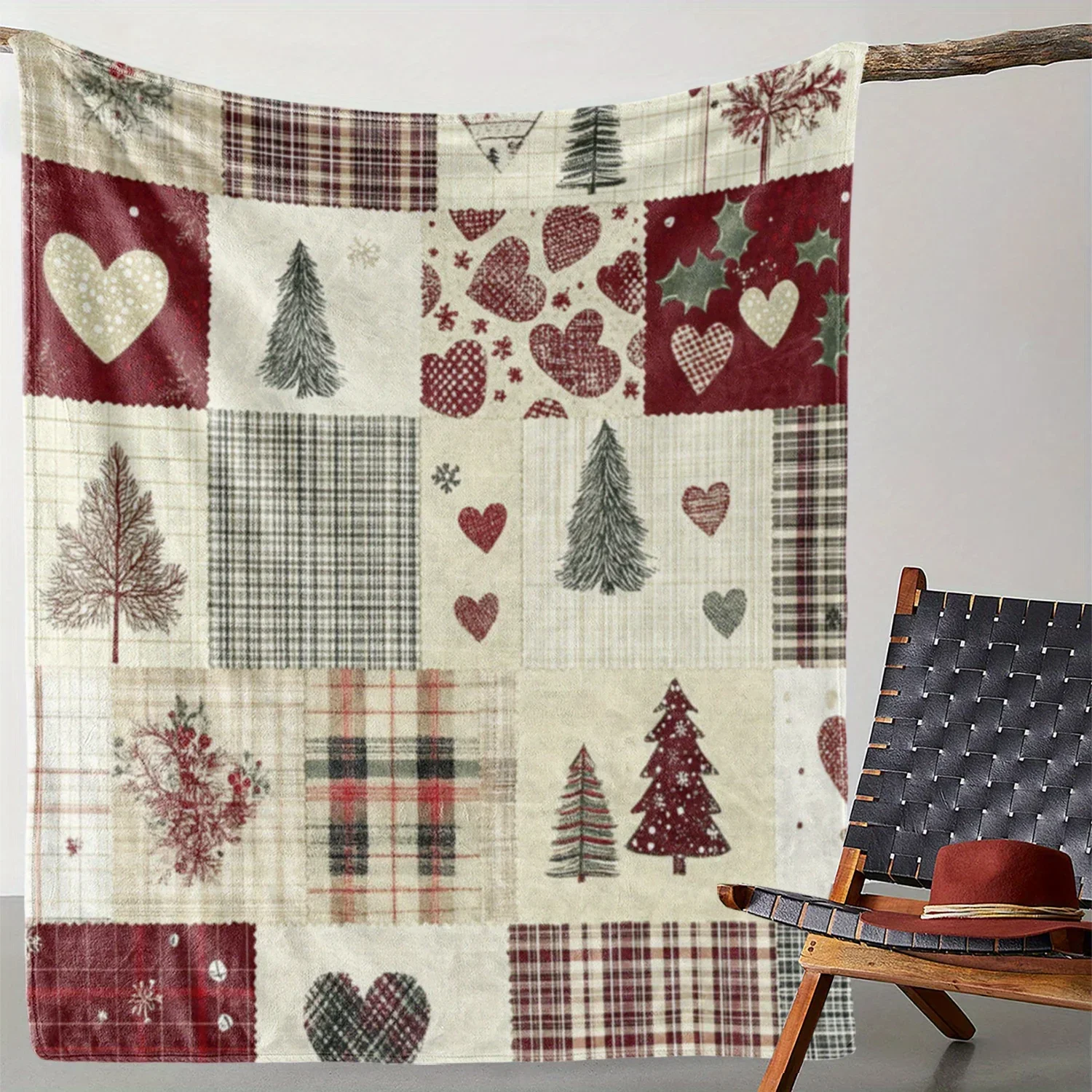 1PC Christmas Flannel Blanket Patchwork Xmas Trees Hearts Cozy Sofa Festive Warmth Durable Soft Holiday Decor Certified Quality