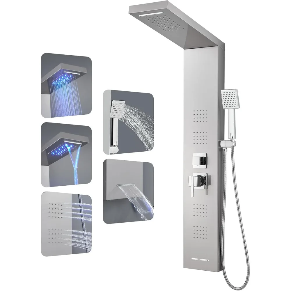 

ROVOGO LED Shower Panel Tower System, 5-Function Shower Column with Rainfall Waterfall Shower Head, 4 Body Jets