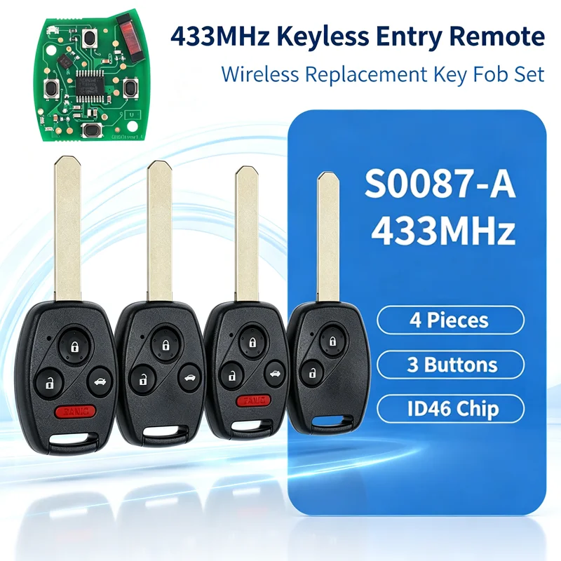 2/3/4 Button 433MHz S0087-A ID46 Chip With PCB Board Car Remote Key For Honda Odyssey ZRV CITY WRV Ridgeline Civic Fit Accord