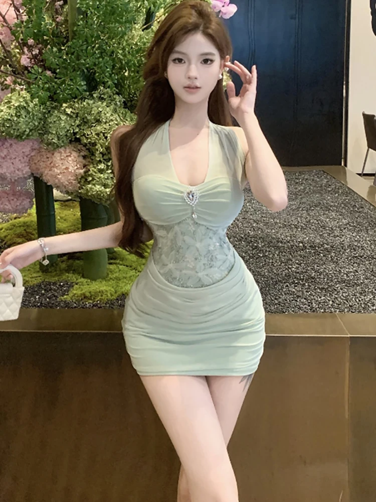 2023 grün Mesh Patchwork Spitze Diamanten Mini Kleid Frauen Elegante Bodycon Hüfte Wrap Kleid Sommer Koreanische Mode Casual Party Kleid
