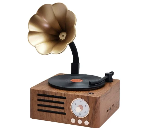 Retro morning glory design Bluetooth speaker: wood grain radio and phonograph shape