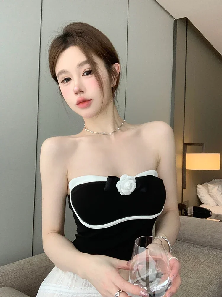 Graceful Temperament White Tube Top Vest Women Summer Outer Wear Sexy Slim fit Inner wear Comes with Chest Pad Short Top E4988