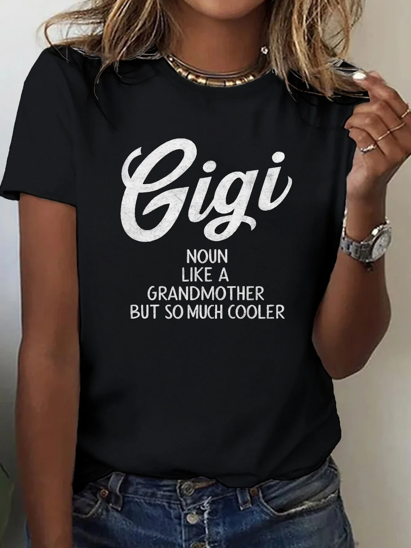 Gigi Typography Illustration Print Tees Short Sleeve Crew Neck Leisure T-shirt For Spring  Summer Women's Clothing