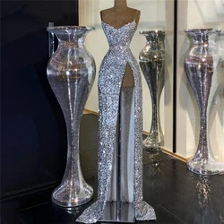 Customized Glitter Silver Sequin Prom Gown High Split Evening Dress Spaghetti Straps Birthday Party Dress Mermaid Robe de Soiree