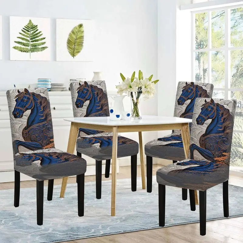 

Эластичный чехол для ресторанных стульев, синий с золотым принтом в виде лошади, защитный чехол для мебели для отелей, банкетов и домашнего декора.
