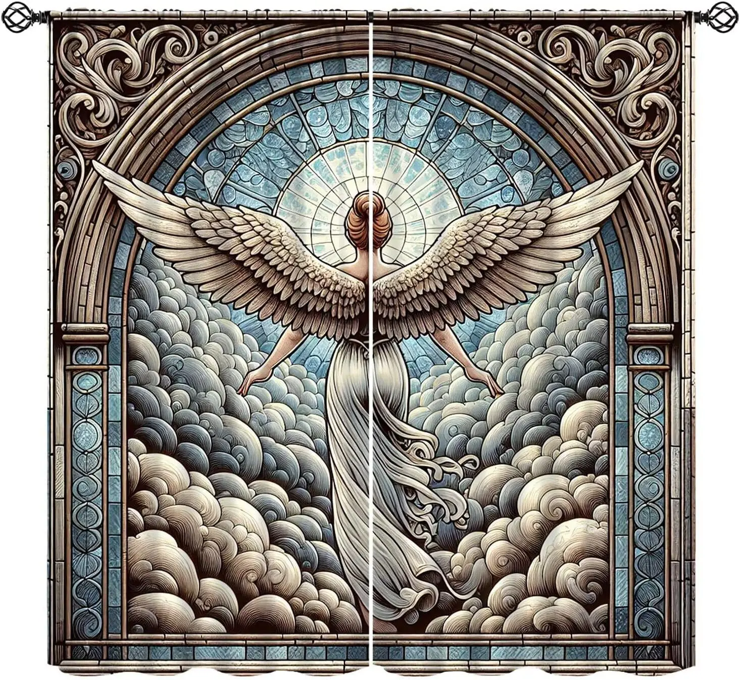 Colorful Stained Glass Curtains,Angel Wing Mythology Gorgeous Mysterious Vintage Mosaic Decor Rod Pocket Window Treatments for