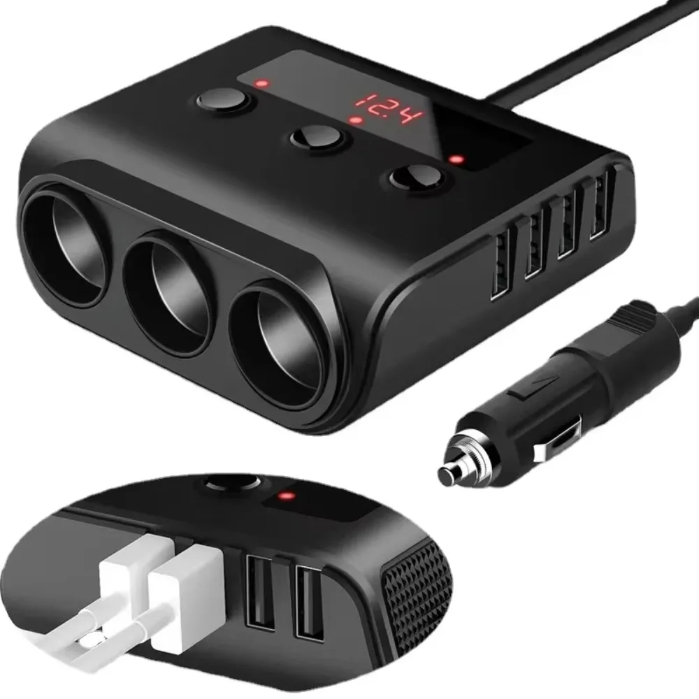 New TR12 Car Cigarette Lighter Adapter with Voltage Display, 4 USB Ports, and Power Switch - Charge Up To 120W