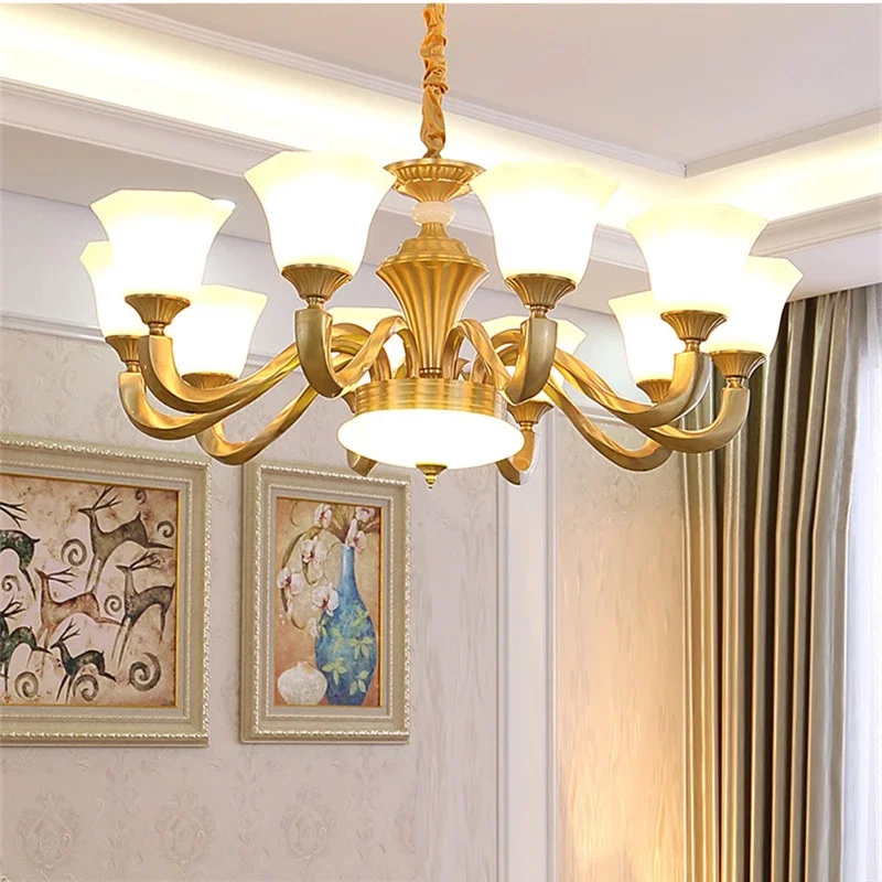 Lampe Suspendue Luxueuse en Laiton Américain, Lustre Européen, Salon, Salle à Manger, Chambre à Coucher, Villa, Hôtel, Salle d'Échdébord, 14 Cui