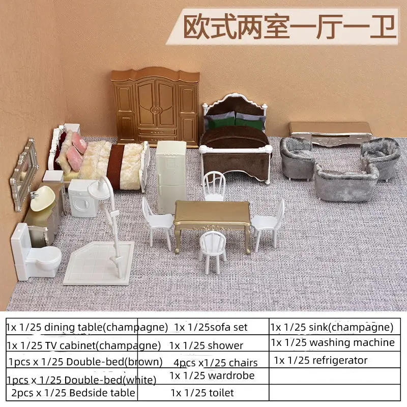 1:25 schaal poppenhuis miniatuur meubelset kunststof tafel stoel slaapbank kledingkast wastafel realistische miniaturen voor doe-het-zelf decor