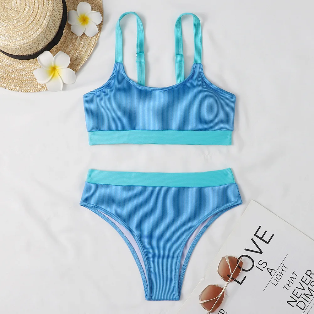 2024 New Women Swimsuit Sexy Blue Sports High Waist Bikini Swimwear Female Two Piece Beachwear Bandeau Bikinis Set Bathing Suit