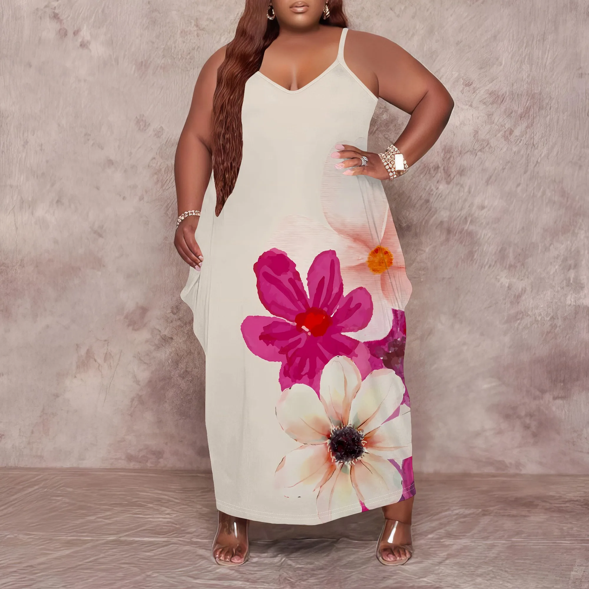 

Nupusa Floral Print Dress for Women Plus Size Summer Casual Spaghetti Strap Maxi Dress