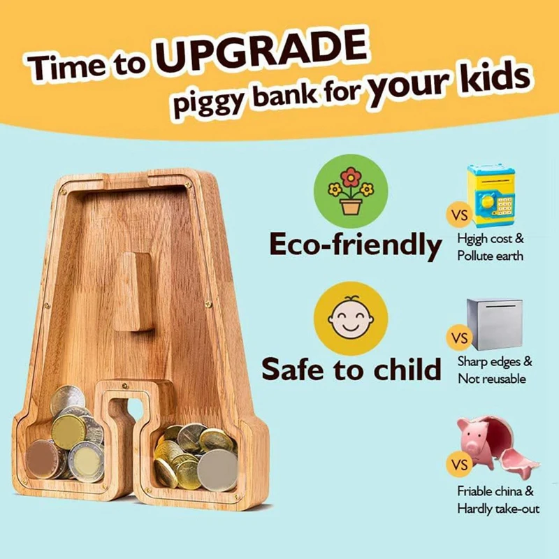 9 Inch Wooden Letter Piggy Bank Money Box For Boys Girls Toddler Coin Bank Cash Saver Box Birthday Gift For Kids (A)