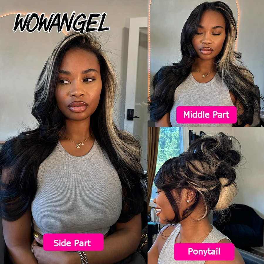 Blonde With Black Skunk Stripe Wig 2x6 HD lace Closure Wig 613# Body Wave Human Hair Wig Deep Middle Part Glueless Wig For Women