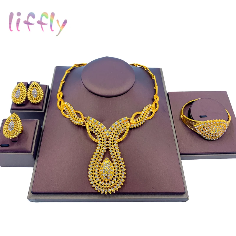 African Fashion Jewelry Set Charm Womens Earrings Exaggerated Big Necklace Bracelet Bridal Crystal Ring Gift