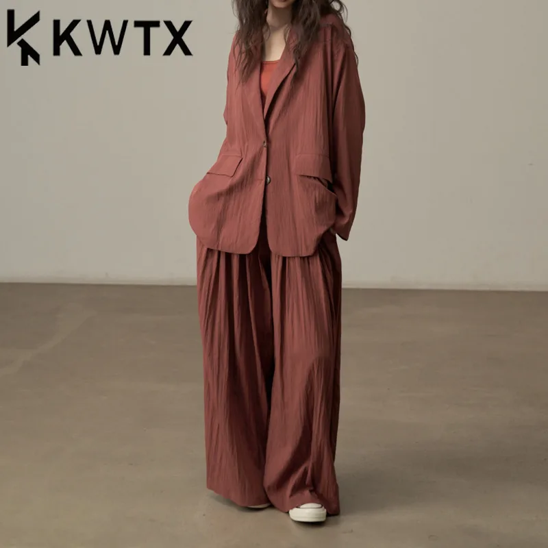 

KWTX Women’s 2PC Pantsuit Set Solid Blazer Wide Leg Pants Slip Dress Retro Spring Summer Casual Streetwear Y2K Fashion 2025
