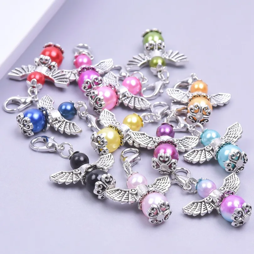 12pcs Guardian Angel Beads Wings Pendants Charms Handmade Lobster Clasp DIY Jewelry Making Baptism Bracelet Necklace Pendants