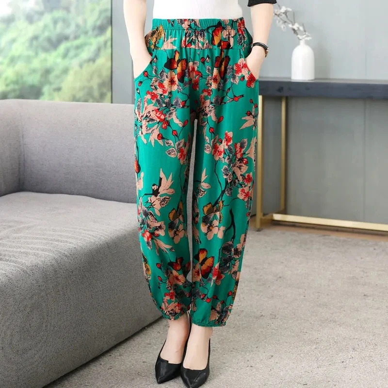 

Mom's Lantern Pants Summer Vintage Floral Printed Cotton Silk Pants Middle Aged Women Elegant Trousers Casual Cropped Pantalon