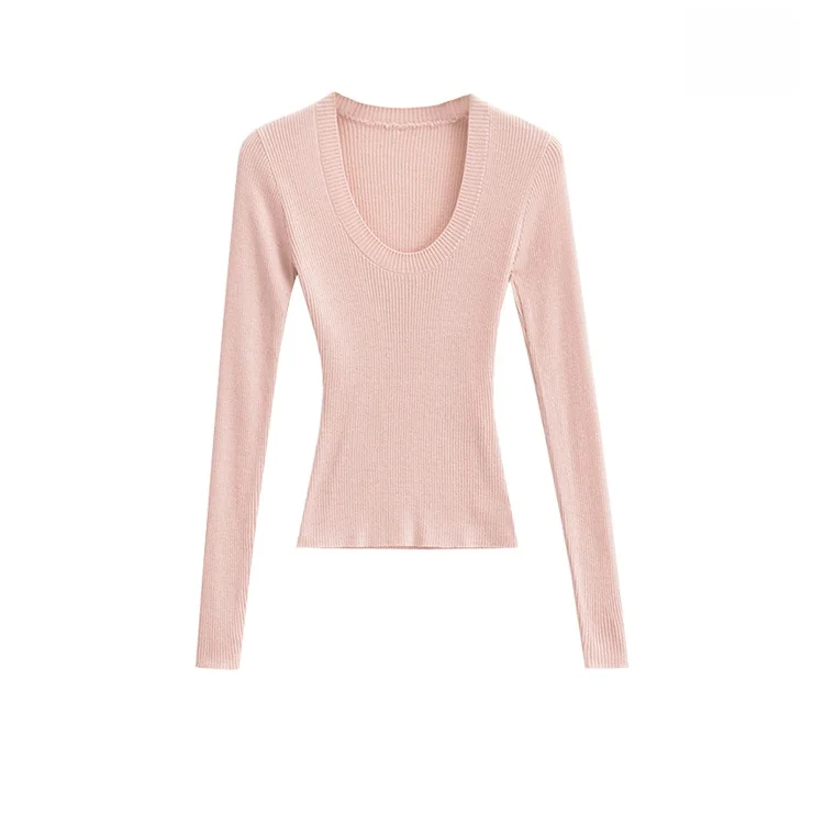 

Pure Desire Pink Long Sve U-Ne Knitted Sweater Women's Early Autumn Semi-Transparent Slimming Versatile Base Top