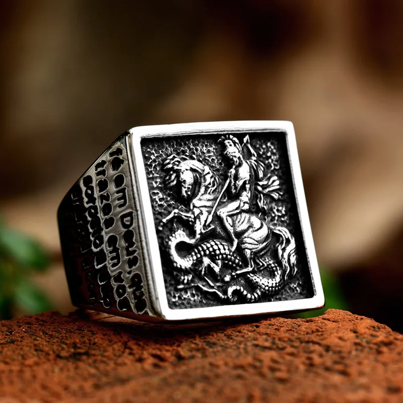 BEIER 2023 New Special Design St.George Ring Rectangular Ring Vintage Stainless Steel Jewelry For Men Dropshipping