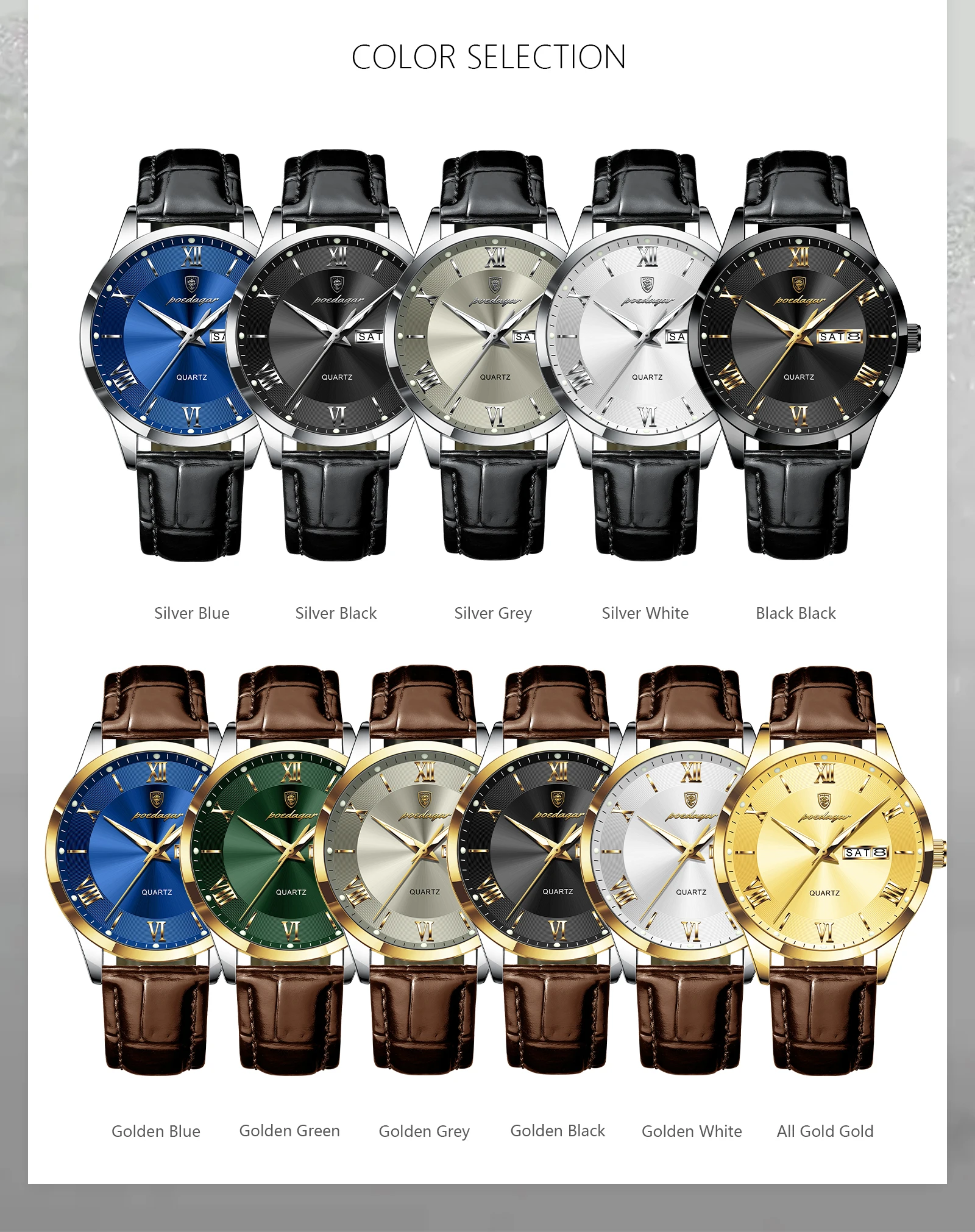 POEDAGAR Original Mode Uhr Für Mann Leder Datum Woche Quarz Männer Uhr Wasserdicht Leucht Business herren Uhren Männlich Reloj – Detail 9