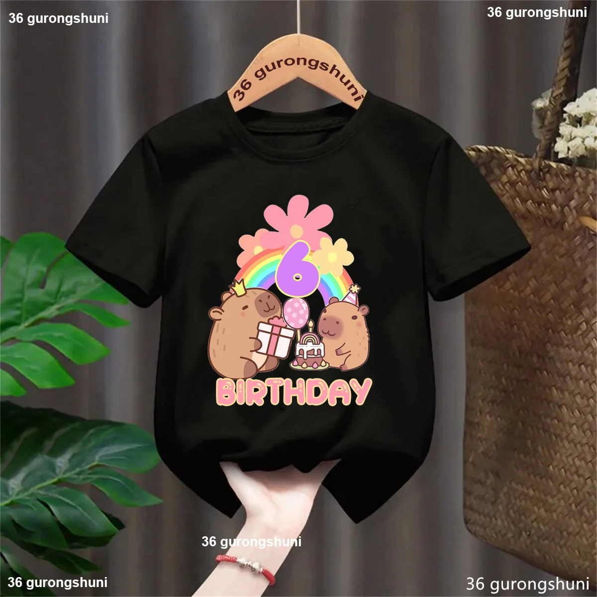 

2nd/3st/4th/5th/6th/7th/8th/9th Birthday Capybara Flowers Rainbow Printed T Shirt Girls Black Balloon Toddler Kids Clothes