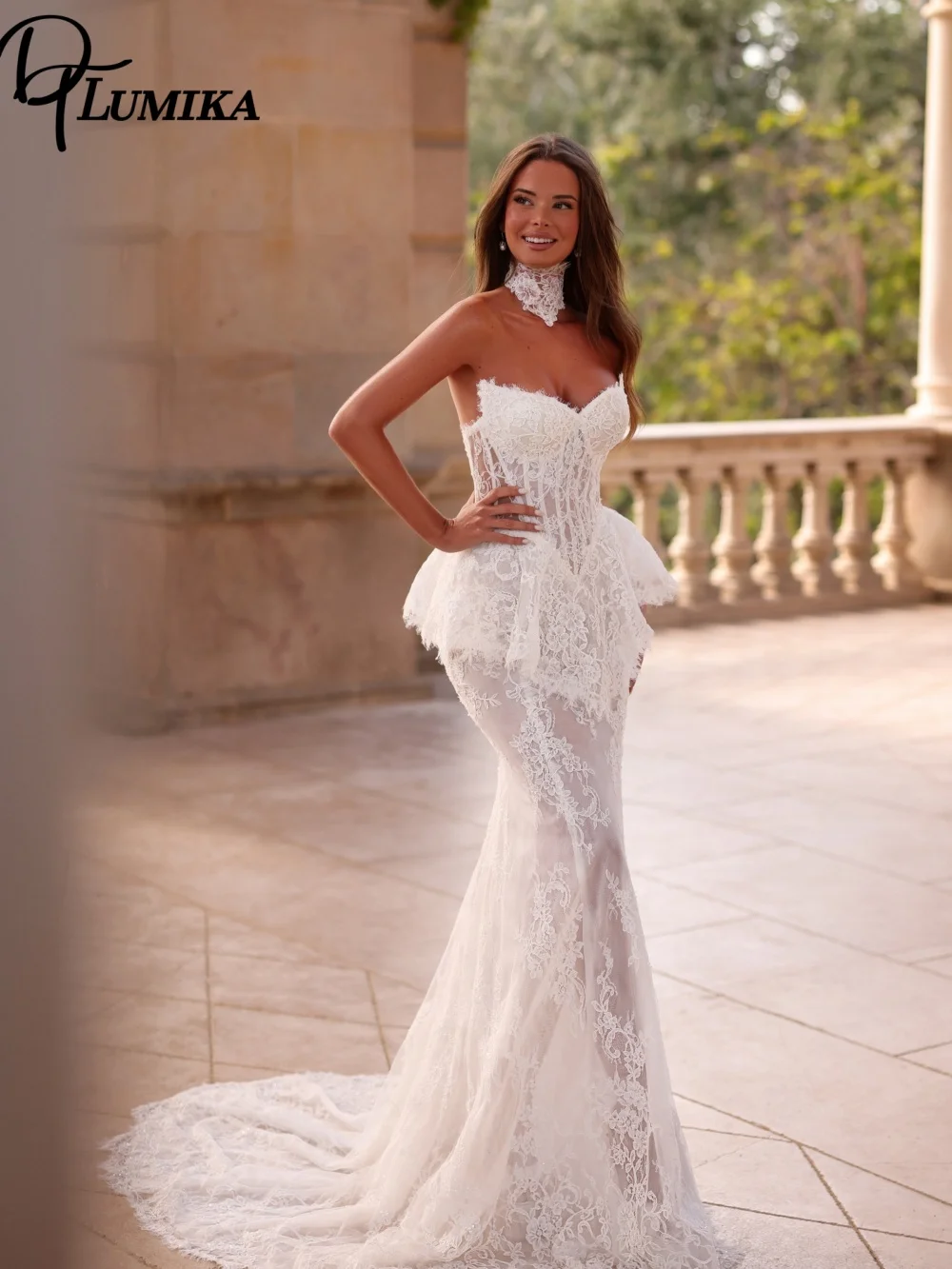 Chic Strapless Lace Mermaid Bridal Gown Corset Peplum Wedding Dress With Fitted Silhouette Choker Customized Vestido De Novia