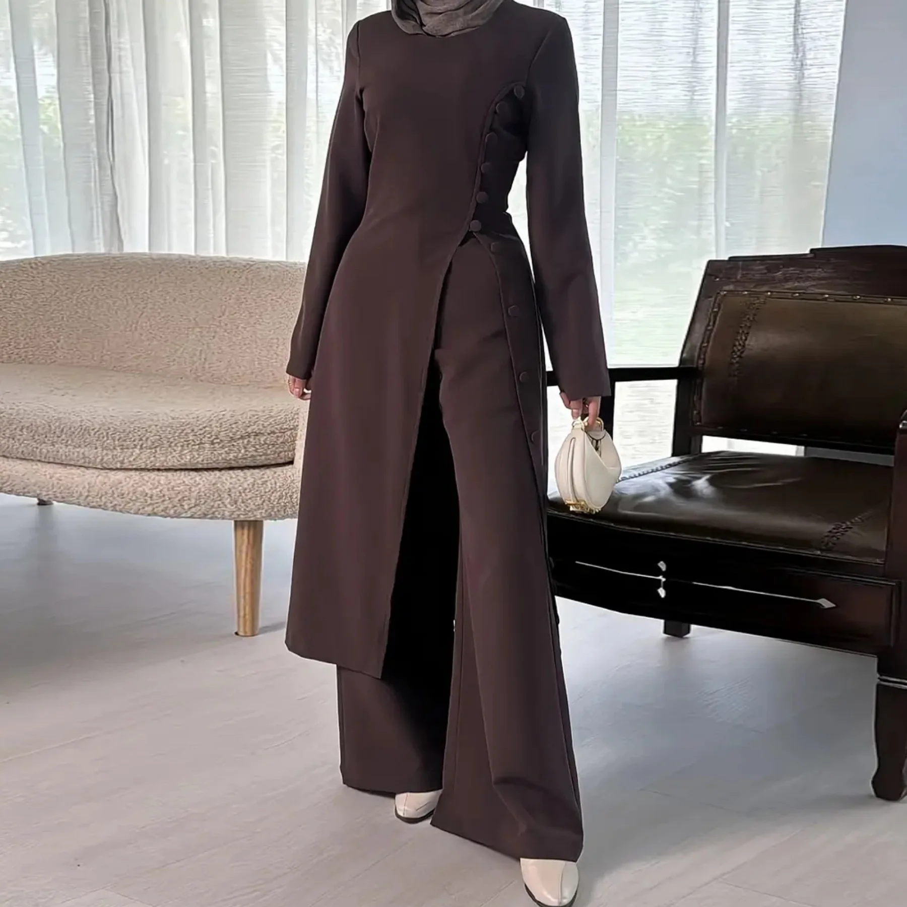 

Eid 2 Piece Abaya Set Muslim Woman Sets Dubai Luxury Plain Long Top with Pants Casual Suit Islamic Modest Outfits Kaftan Robe