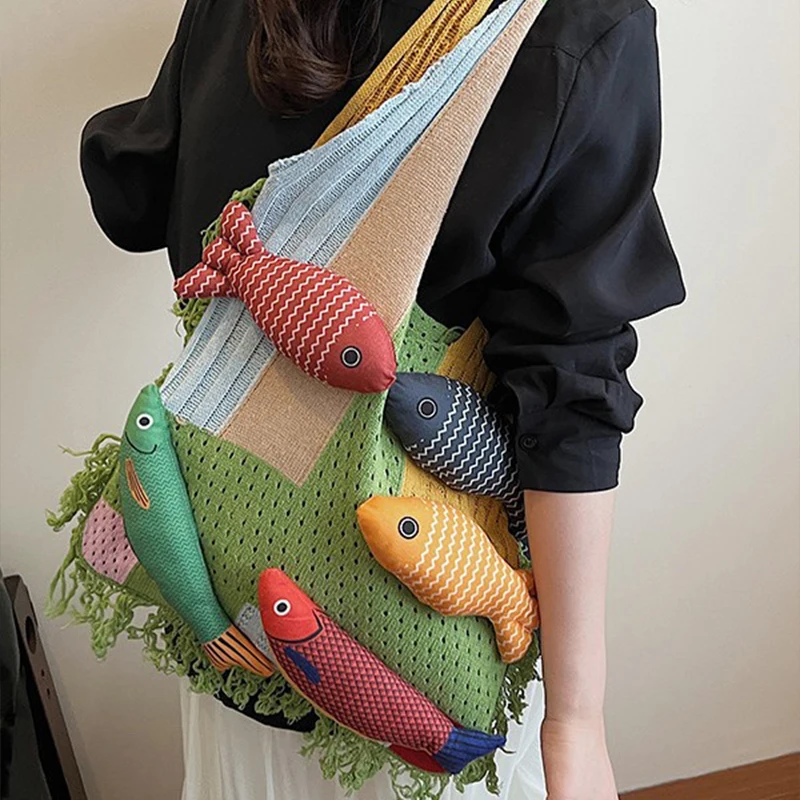Women Large Capacity Knitted Tote Handbag Summer Beach Bag Aesthetic Travel Bag For Daily Use Shopping Shoulder Bag