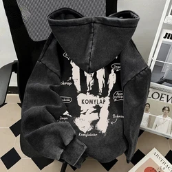 Casual Hoodie Niche Tide Creative Palm Print Washed Do Old Pullover Sweatshirt Men Women American Retro High Street Couple Coat