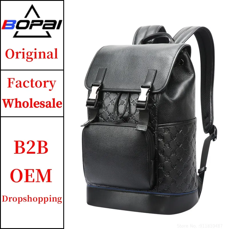 BOPAI Wholesale Premium Office Travel Back Pack Trolley 15.6 Inch Laptop Custom Luxury Genuine Leather Man Casual Backpack