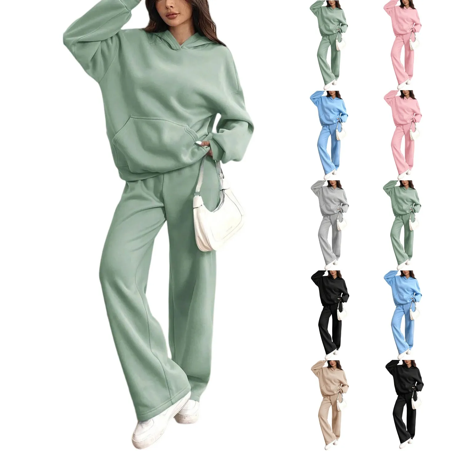 2 Pieces Set Autumn And Winter Women Casual Fashionable Warm Hooded Sports Suit Autumn And Winter Long Sleeve Solid Color Suit