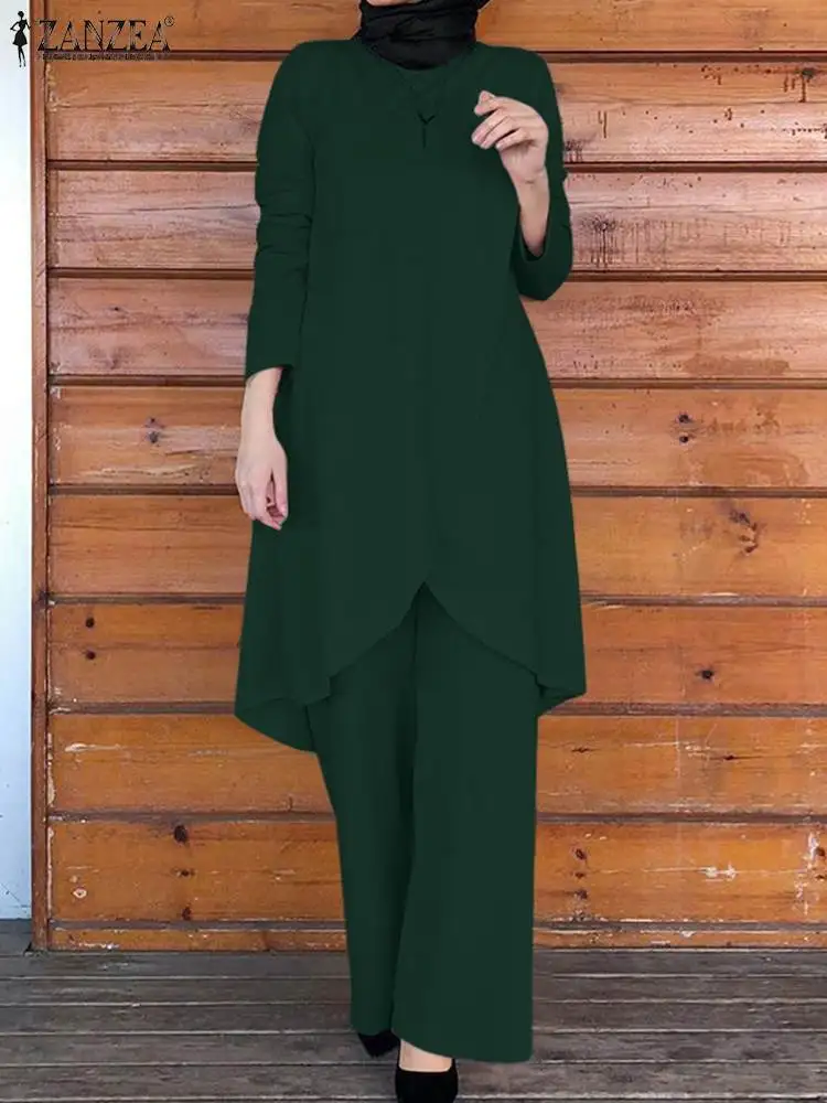 

ZANZEA Eid Mubarek Muslim Sets Women Fashion Asymmetrical Blouse Wide Leg Pants Sets Causal Matching Sets Autumn Tracksuit