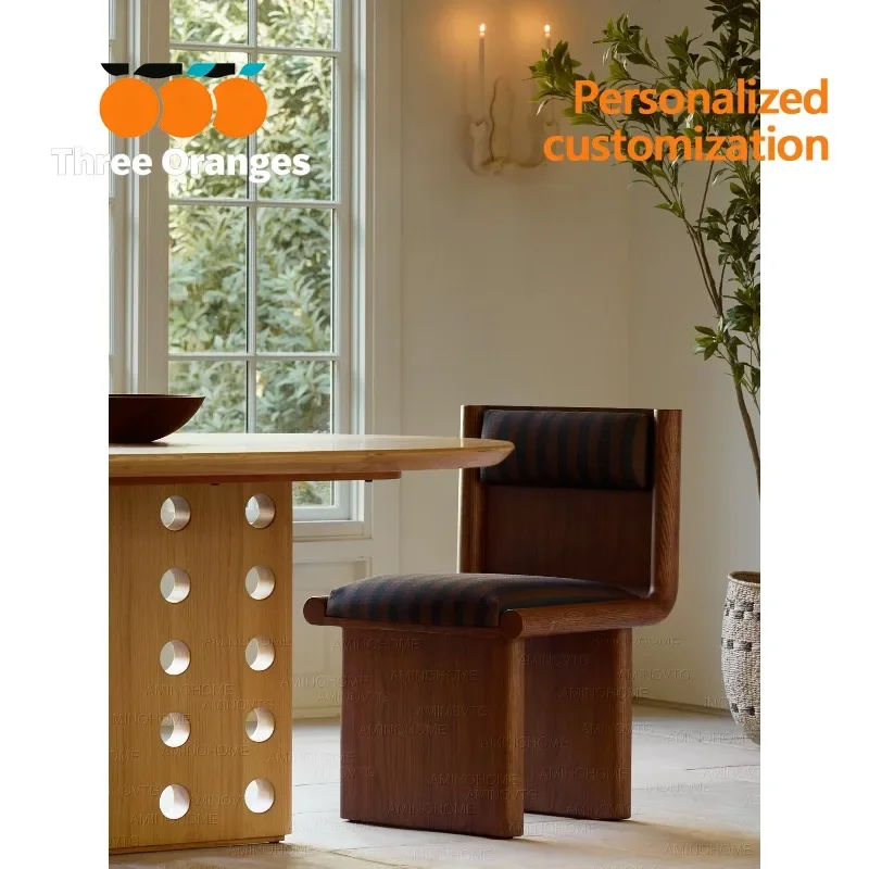 P Medieval style solid wood dining chair designer striped fabric back chair household designer chair