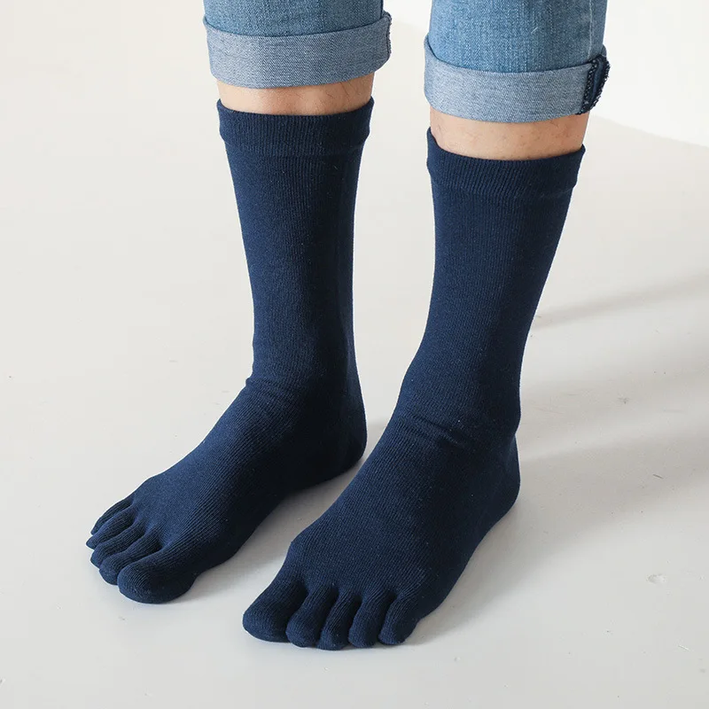 3 Pairs Long Men's Thick 5 Finger Socks Autumn Winter Warm Split Toe Cotton Solid Mid-Calf Casual Business Work Socks with Toes