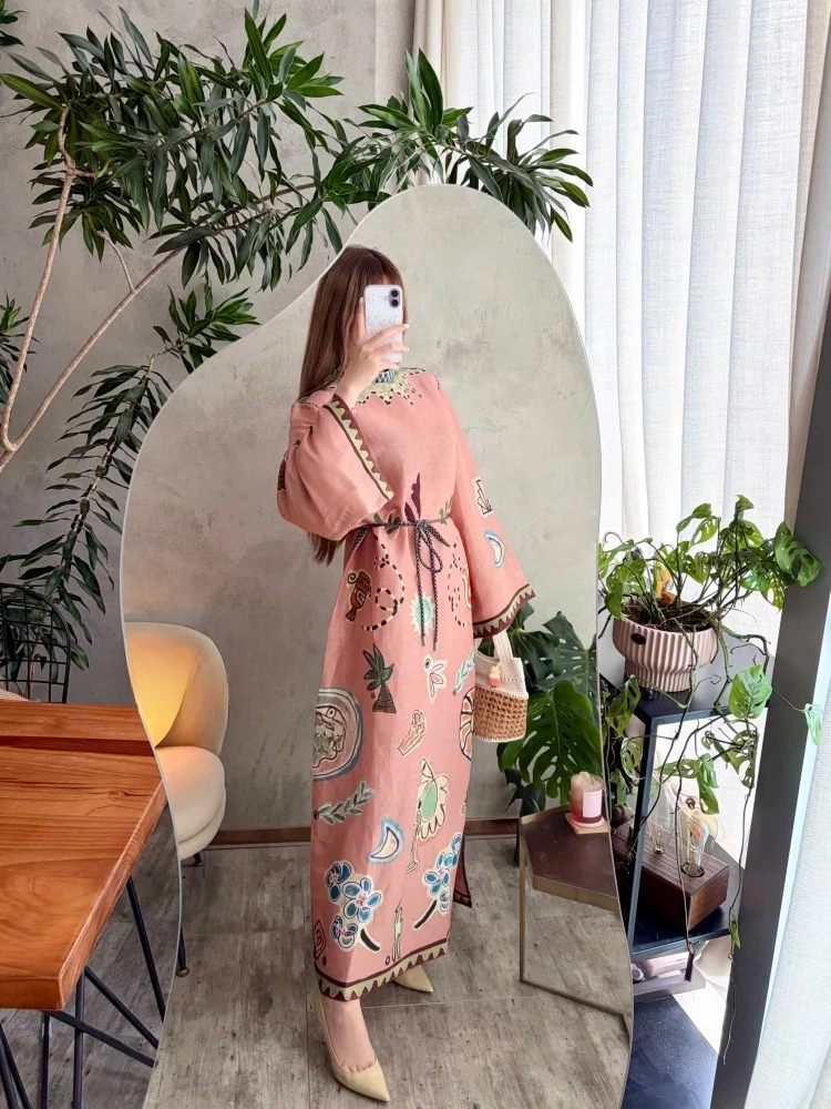 

Susan Australian Retro Graffiti Print Silk Linen Loose Long Sleeve Women's Dress Casual H-Style Gown for Ladies Spring Season