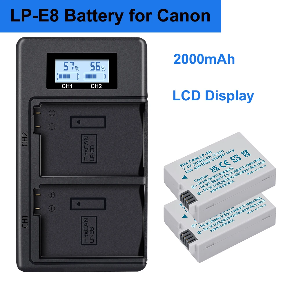 LP E8 LP-E8 Camera Battery for Canon Rebel T3i T2i T4i T5i 600D 550D 700D Kiss X5 X4 X6 2000mAh LPE8 Battery + LCD USB Charger