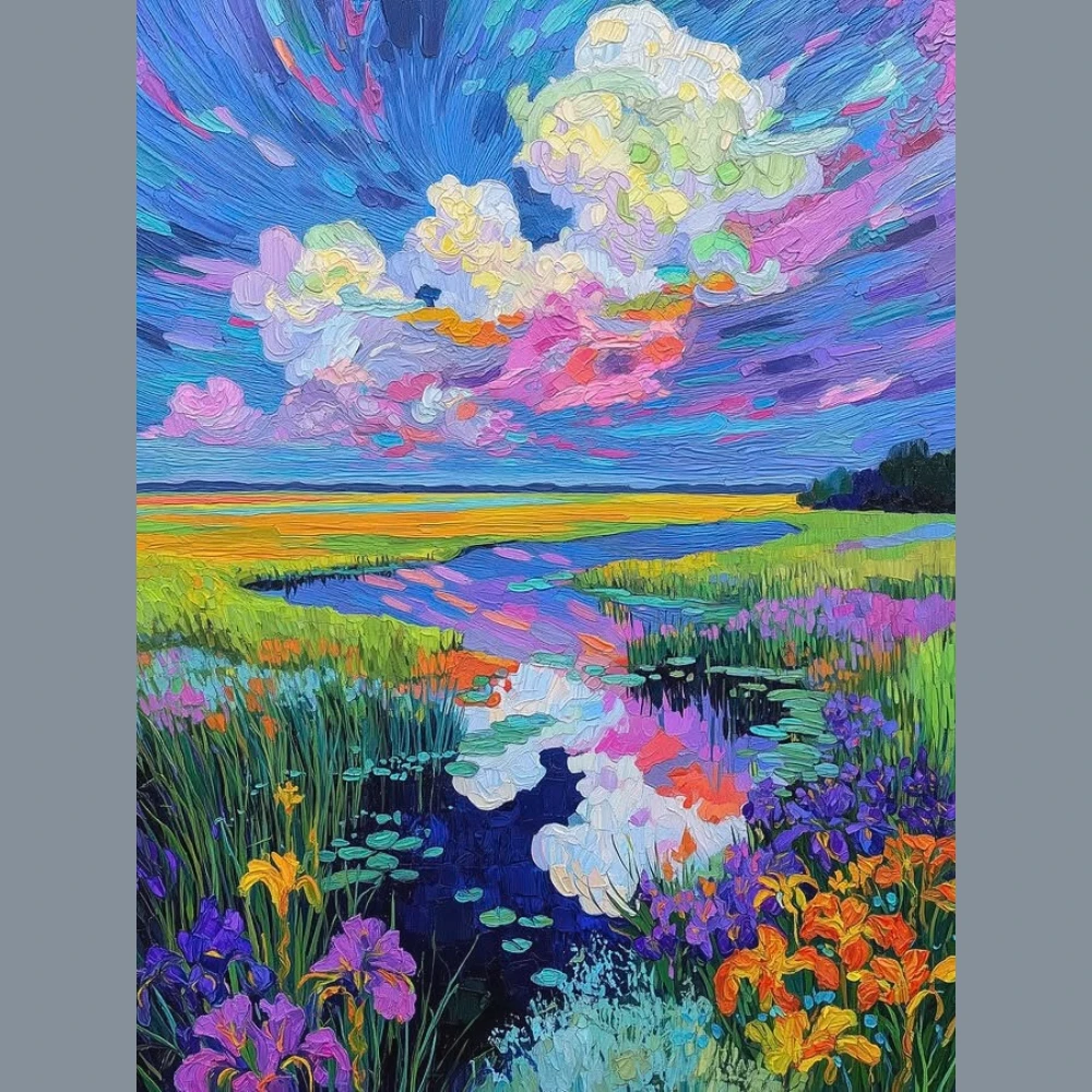 Diamond Painting By Number DIY Summer Marsh Landscape Floral Field Wall Decor for Game Room or Living Room Gift Frameless