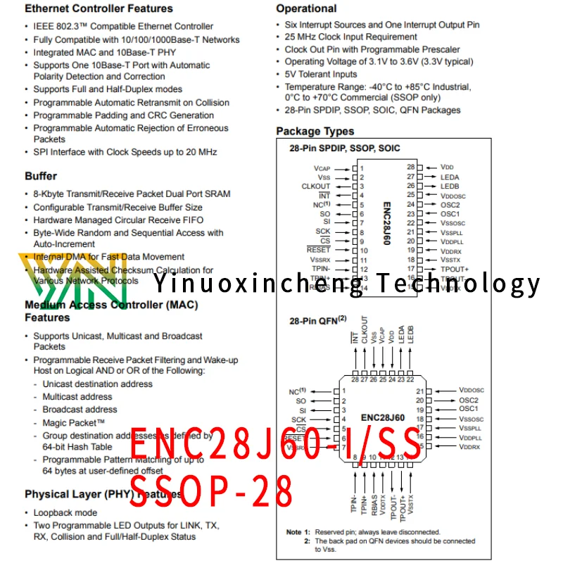 2 pz/lotto originale originale chip di montaggio ENC28J60-I/SS SSOP-28 chip controller Ethernet 8KB RAM
