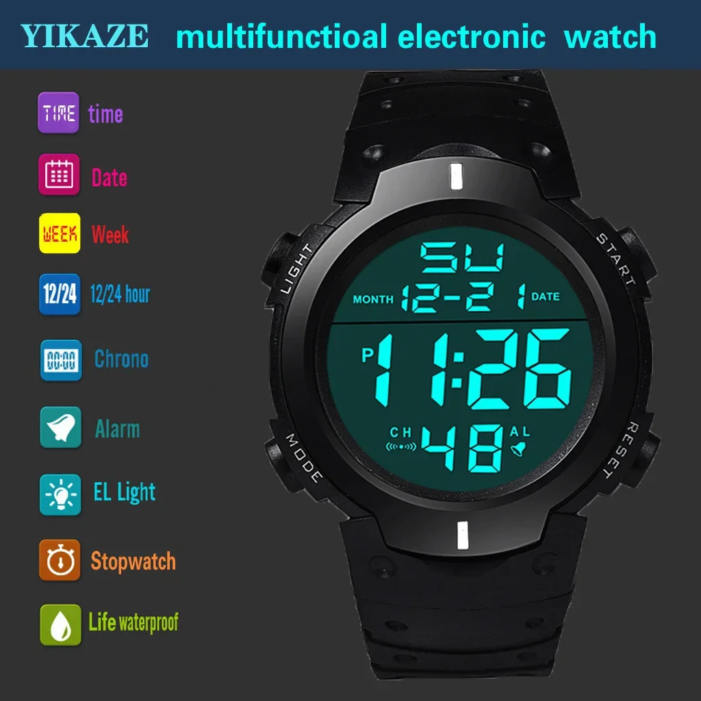 YIKAZE Men Sport LED Watches Men Digital Clock Multi-Functional Rubber Man Fitness Athlete Timekeeping Electronic Watch Reloj