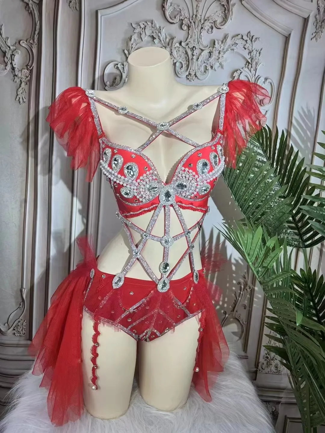 Women's Fashion Sexy Red/Pink Rhinestones Bikini Bodysuit Nightclub Bar DJ Disco Dance Performance Stage Rave Outfit Wear