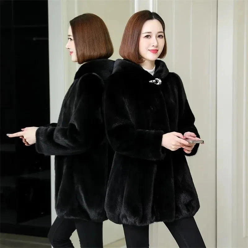 6XL 7XL Women Faux Mink Fur Jacket 2023 Autumn Winter New Female Hooded Long Sleeves Fur Overcoat Winter Mid-length Warm Coat