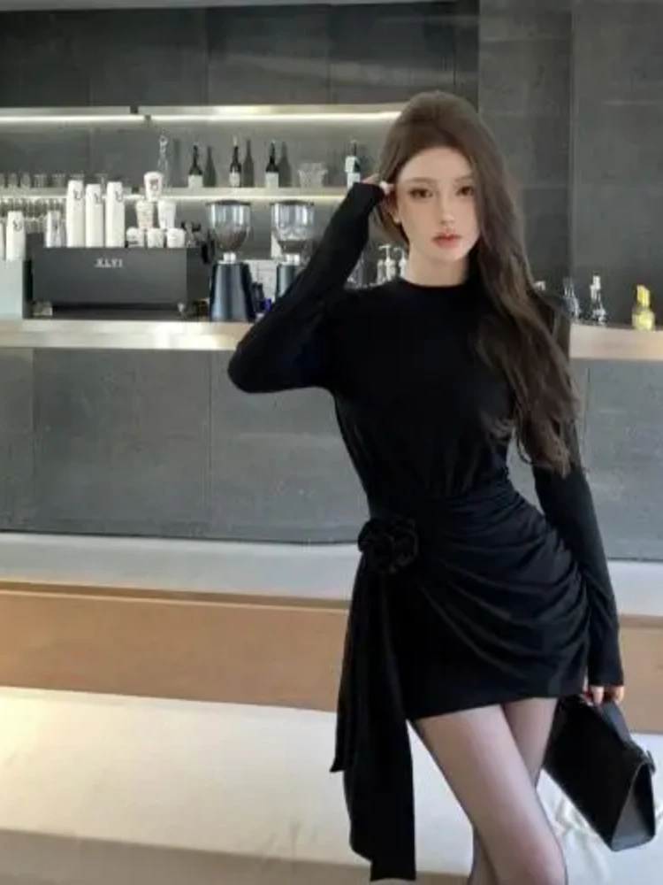 Temperamento flor Irregular Mini vestido mujeres 2025 nuevo sólido manga larga Slim Fit pliegues Vestidos de fiesta Vestidos atractivos