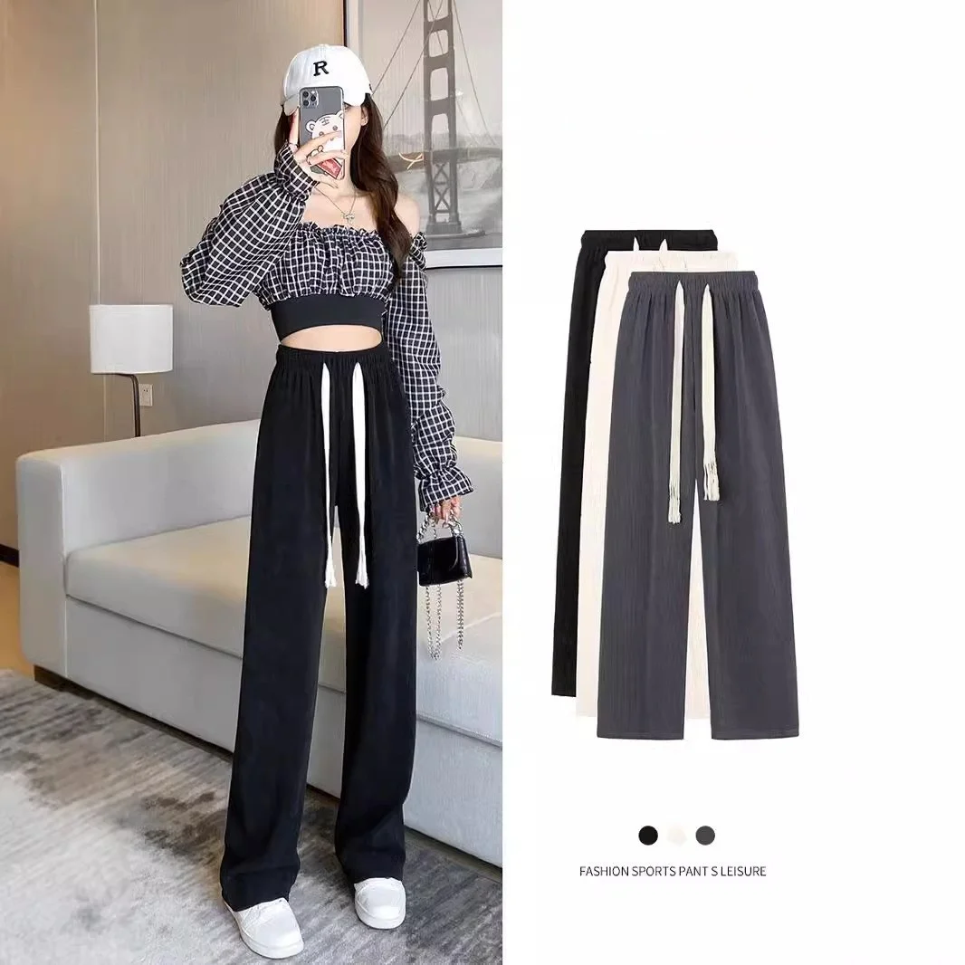 กางเกงขายาวทรงตรงผู้หญิง ผ้าบาง ใส่สบาย เอวสูง ทรงหลวม ช่วยพรางหุ่น สำหรับฤดูใบไม้ผลิและฤดูร้อน